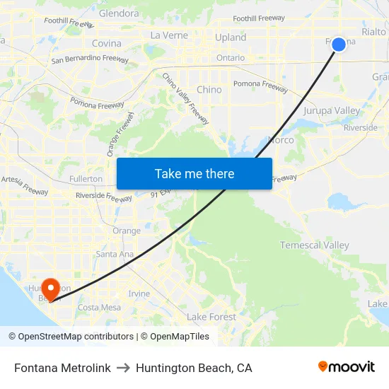 Fontana Metrolink to Huntington Beach, CA map