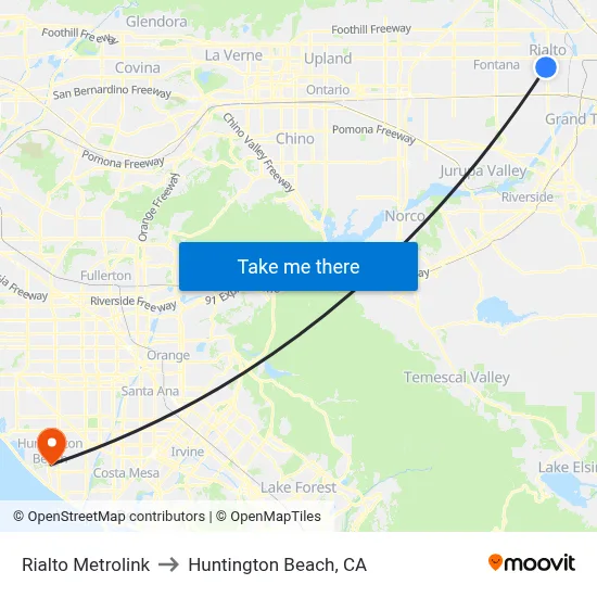 Rialto Metrolink to Huntington Beach, CA map