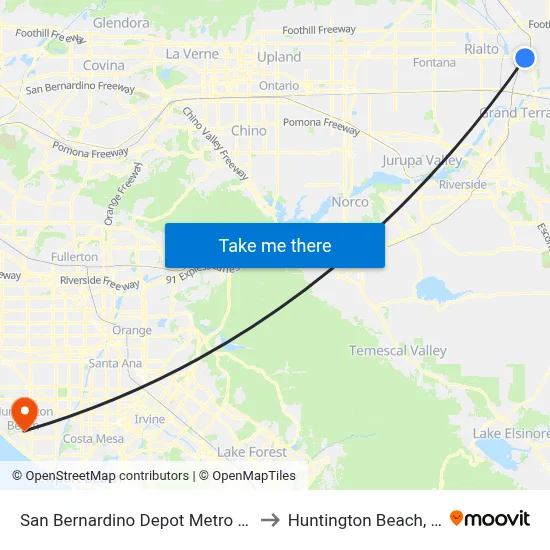 San Bernardino Depot Metro Link to Huntington Beach, CA map