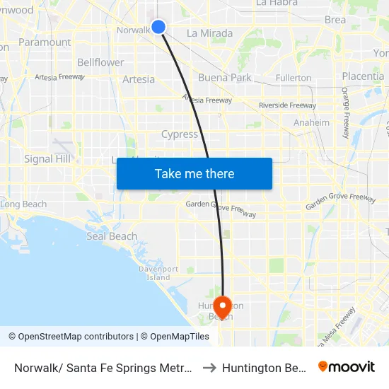 Norwalk/ Santa Fe Springs Metrolink Station to Huntington Beach, CA map