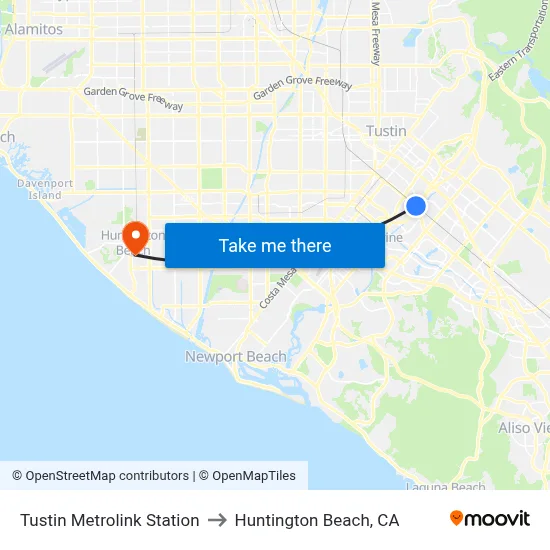 Tustin Metrolink Station to Huntington Beach, CA map