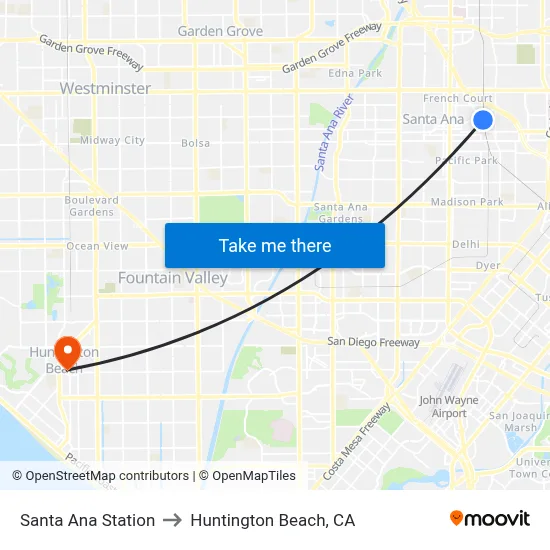 Santa Ana Station to Huntington Beach, CA map