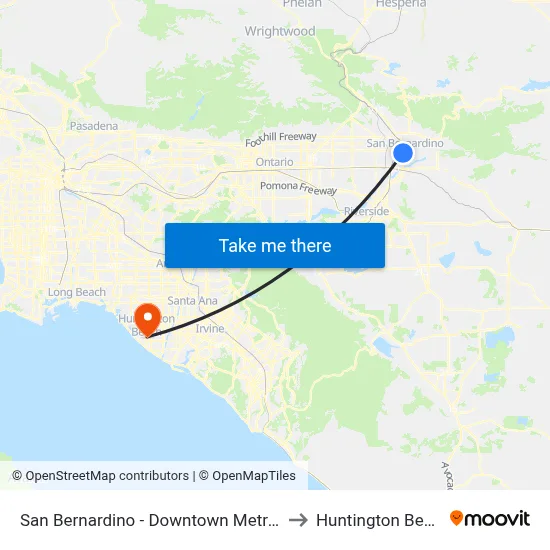 San Bernardino - Downtown Metrolink Station to Huntington Beach, CA map