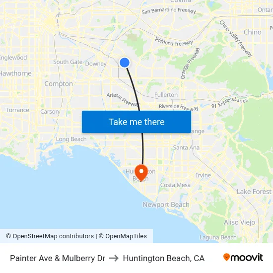 Painter Ave & Mulberry Dr to Huntington Beach, CA map