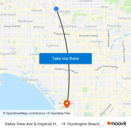Valley View Ave & Imperial Hwy to Huntington Beach, CA map
