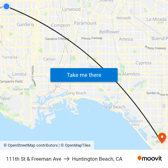 111th St & Freeman Ave to Huntington Beach, CA map