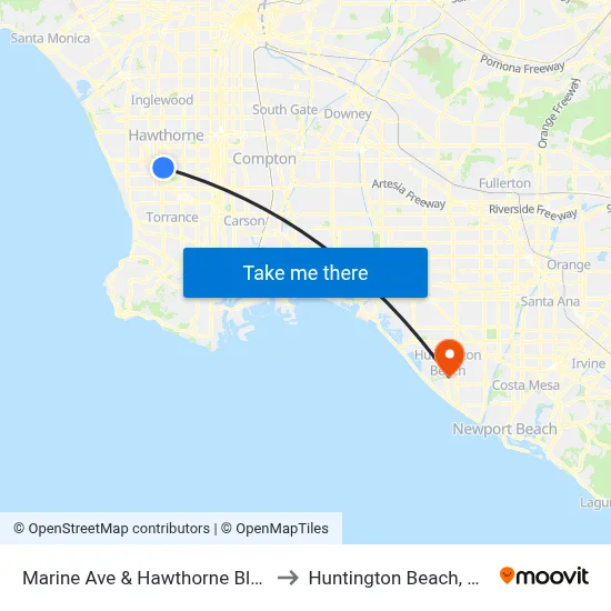 Marine Ave & Hawthorne Blvd to Huntington Beach, CA map