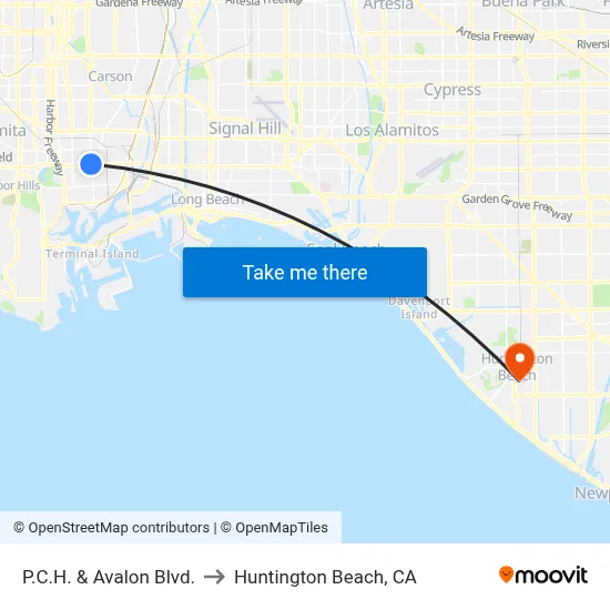 P.C.H. & Avalon Blvd. to Huntington Beach, CA map