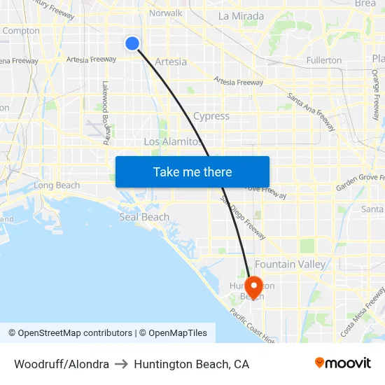 Woodruff/Alondra to Huntington Beach, CA map