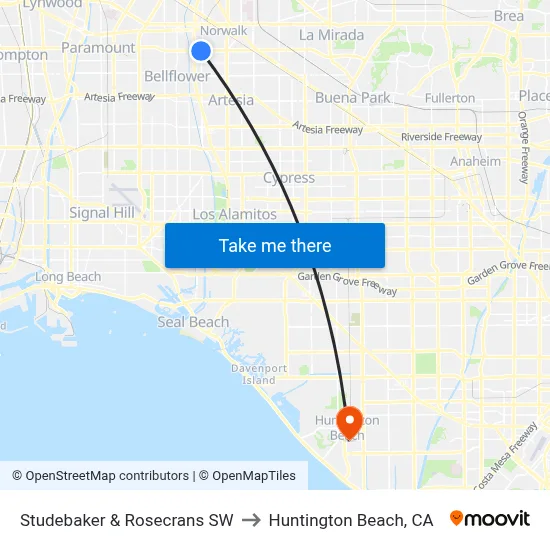 Studebaker & Rosecrans SW to Huntington Beach, CA map