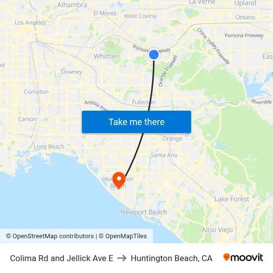 Colima Rd and Jellick Ave E to Huntington Beach, CA map