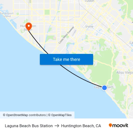 Laguna Beach Bus Station to Huntington Beach, CA map
