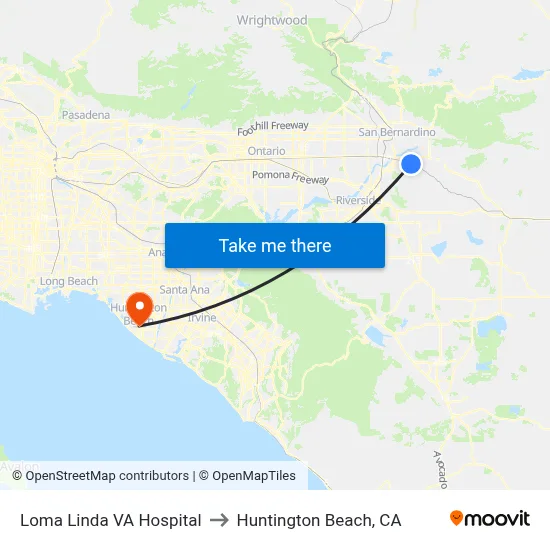 Loma Linda VA Hospital to Huntington Beach, CA map