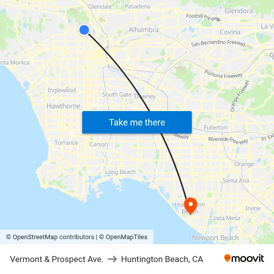 Vermont & Prospect Ave. to Huntington Beach, CA map