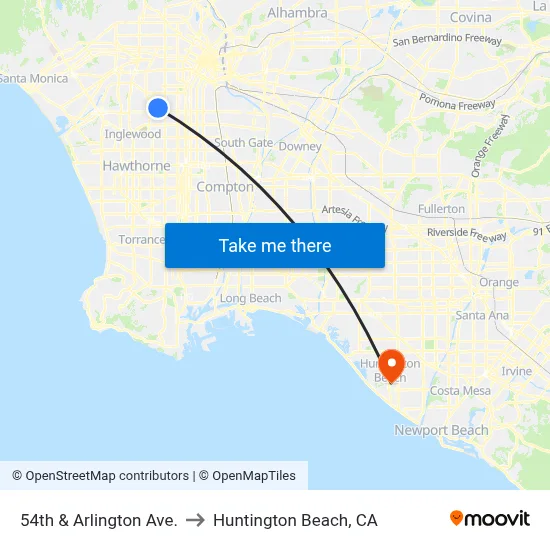 54th & Arlington Ave. to Huntington Beach, CA map