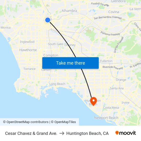 Cesar Chavez & Grand Ave. to Huntington Beach, CA map