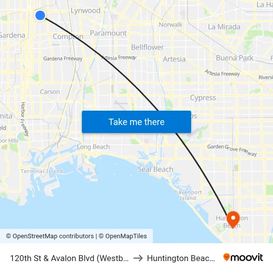 120th St & Avalon Blvd (Westbound) to Huntington Beach, CA map