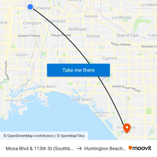 Mona Blvd & 113th St (Southbound) to Huntington Beach, CA map