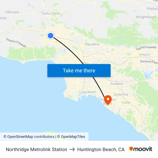 Northridge Metrolink Station to Huntington Beach, CA map