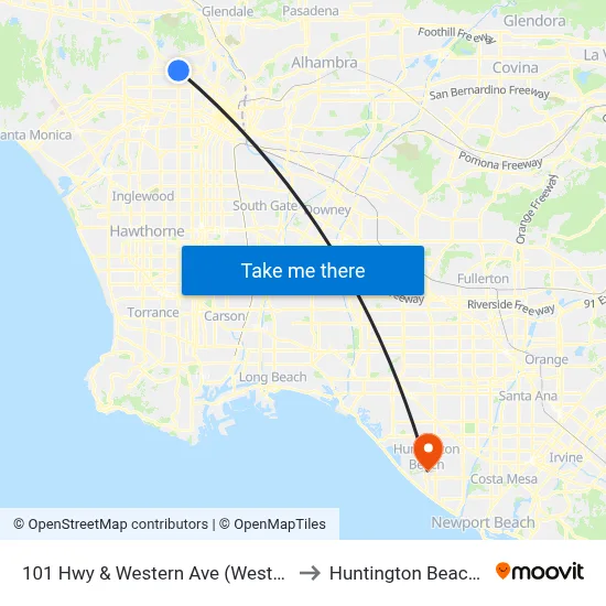 101 Hwy & Western Ave (Westbound) to Huntington Beach, CA map