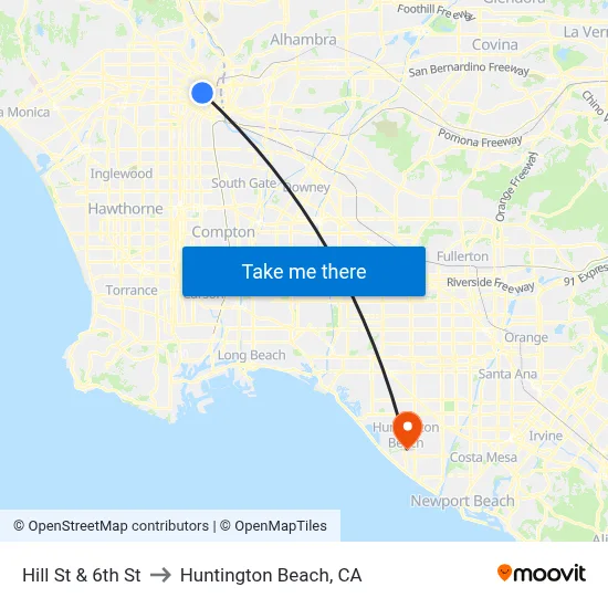 Hill St & 6th St to Huntington Beach, CA map
