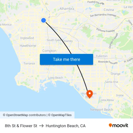 8th St & Flower St to Huntington Beach, CA map