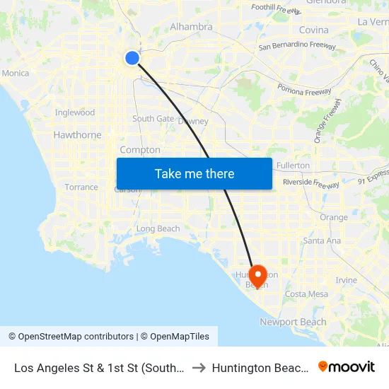 Los Angeles St & 1st St (Southbound) to Huntington Beach, CA map