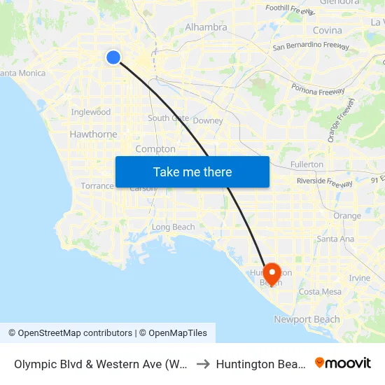 Olympic Blvd & Western Ave (Westbound) to Huntington Beach, CA map