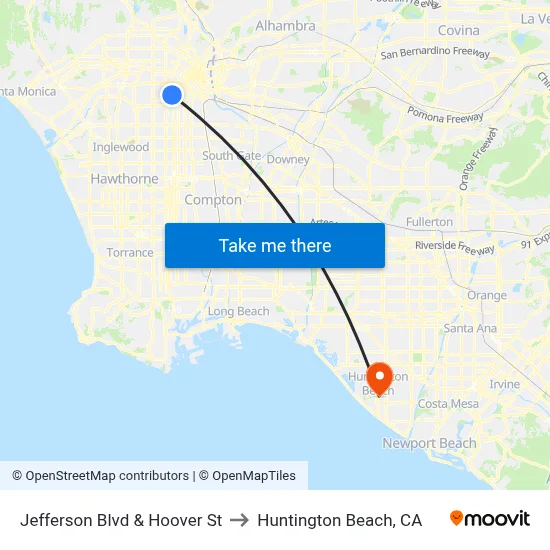 Jefferson Blvd & Hoover St to Huntington Beach, CA map
