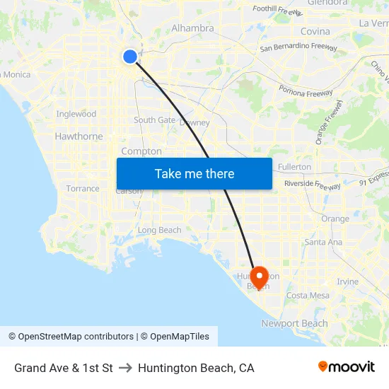 Grand Ave & 1st St to Huntington Beach, CA map