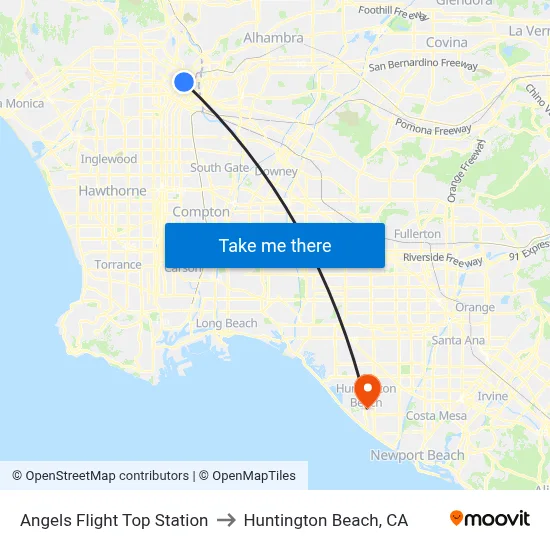 Angels Flight Top Station to Huntington Beach, CA map