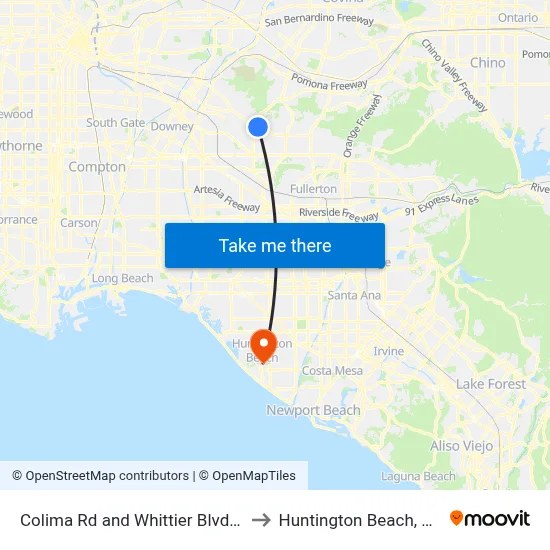Colima Rd and Whittier Blvd N to Huntington Beach, CA map