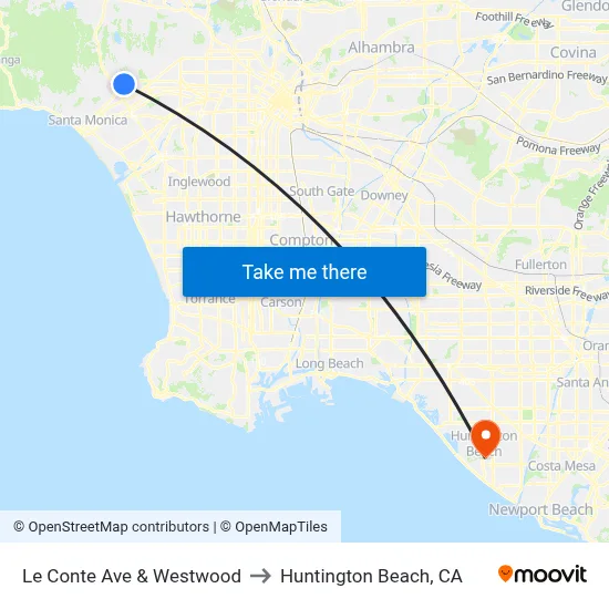 Le Conte Ave & Westwood to Huntington Beach, CA map