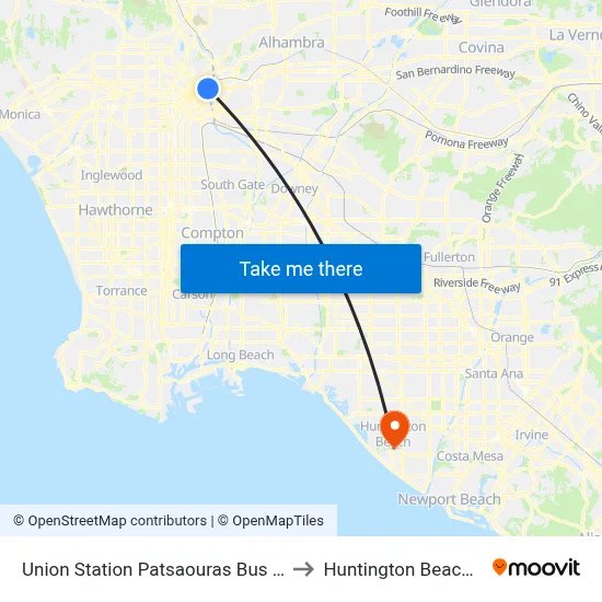 Union Station Patsaouras Bus Plaza to Huntington Beach, CA map