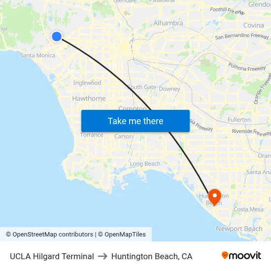 UCLA Hilgard Terminal to Huntington Beach, CA map