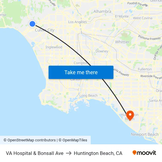VA Hospital  & Bonsall Ave to Huntington Beach, CA map