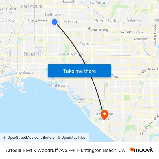 Artesia Blvd & Woodruff Ave to Huntington Beach, CA map