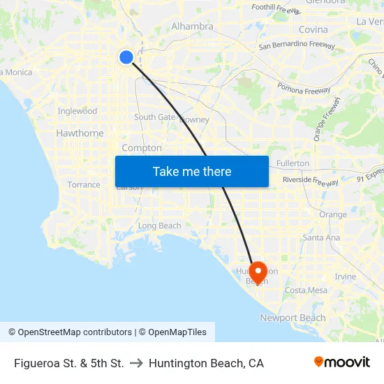Figueroa St. & 5th St. to Huntington Beach, CA map