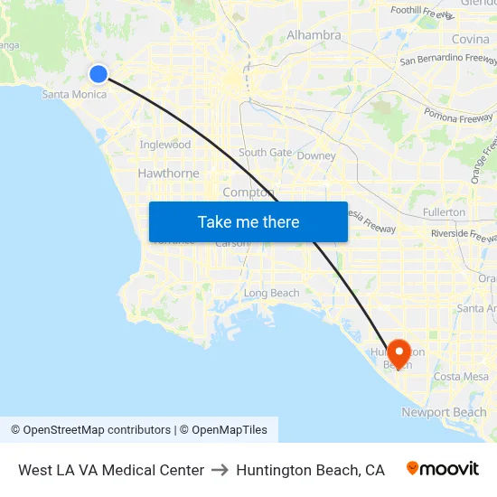 West LA VA Medical Center to Huntington Beach, CA map