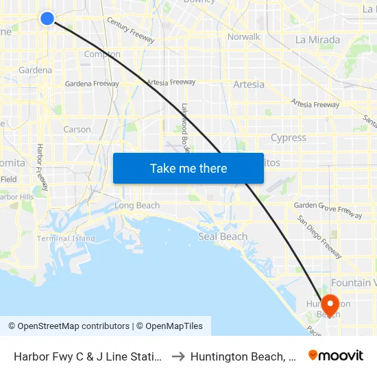 Harbor Fwy C & J Line Station to Huntington Beach, CA map