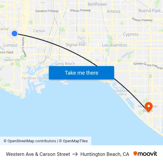 Western Ave & Carson Street to Huntington Beach, CA map