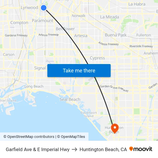 Garfield Ave & E Imperial Hwy to Huntington Beach, CA map