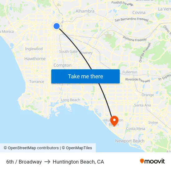 6th / Broadway to Huntington Beach, CA map