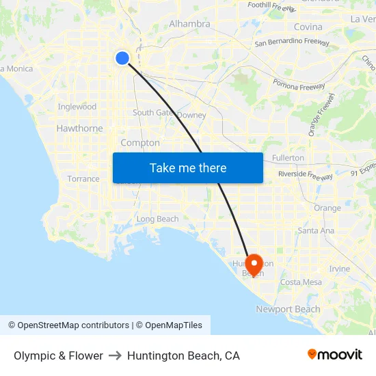 Olympic & Flower to Huntington Beach, CA map