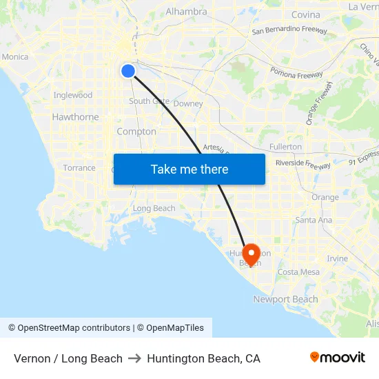Vernon / Long Beach to Huntington Beach, CA map