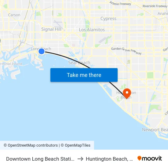 Downtown Long Beach Station to Huntington Beach, CA map