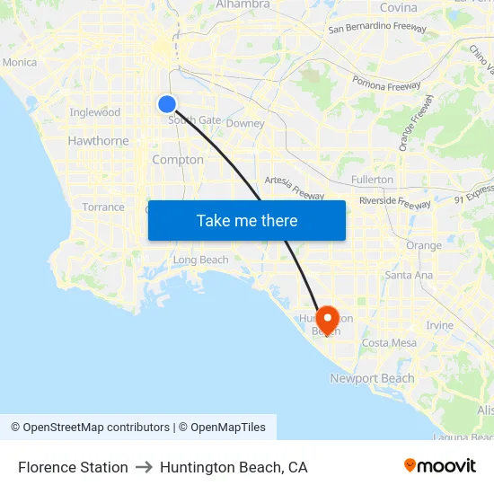 Florence Station to Huntington Beach, CA map