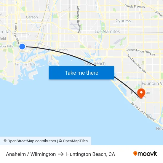 Anaheim / Wilmington to Huntington Beach, CA map