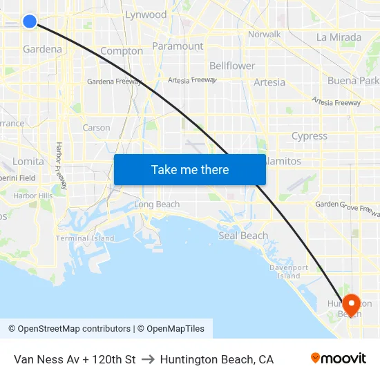 Van Ness Av + 120th St to Huntington Beach, CA map