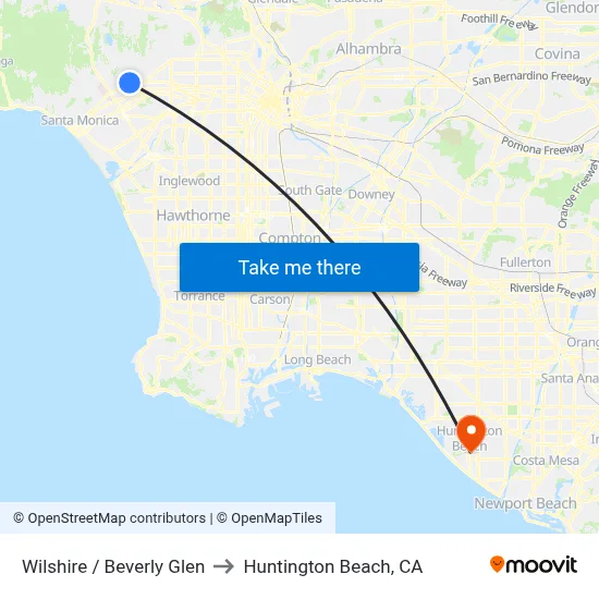 Wilshire / Beverly Glen to Huntington Beach, CA map